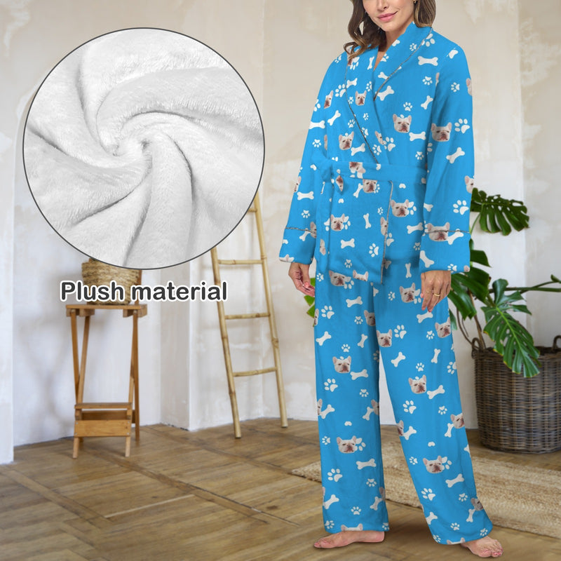 Custom Face Blue Cotton Material&Plush Material Women's Tie Waist Pocket Long Pajama Sets&Slippers