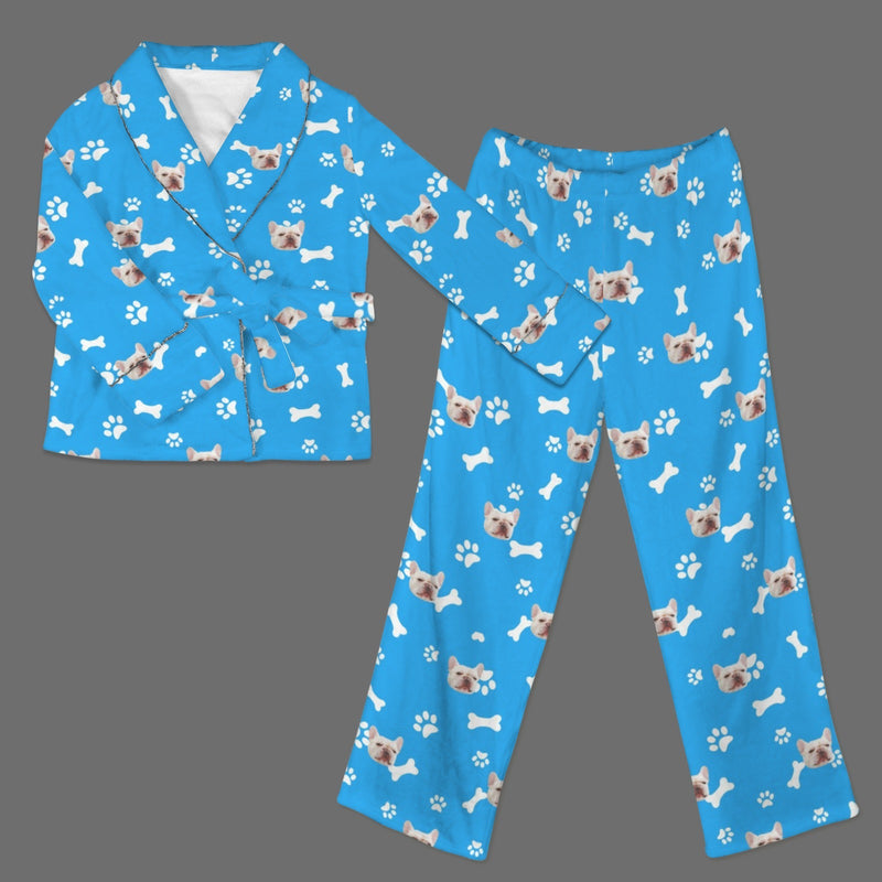 Custom Face Blue Cotton Material&Plush Material Women's Tie Waist Pocket Long Pajama Sets&Slippers