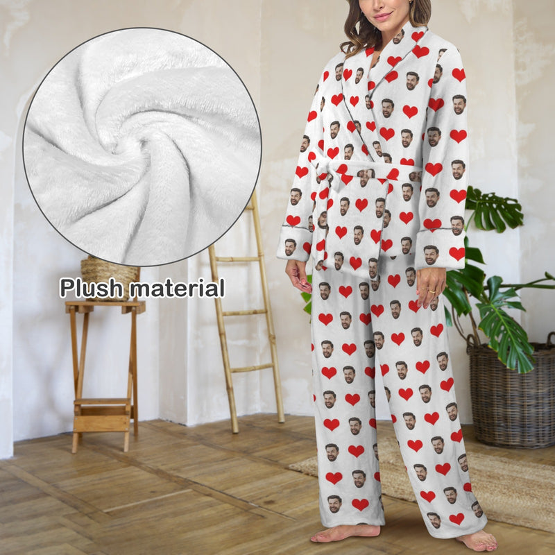 Custom Face Red Heart White Cotton Material&Plush Material Women's Tie Waist Pocket Long Pajama Sets&Slippers