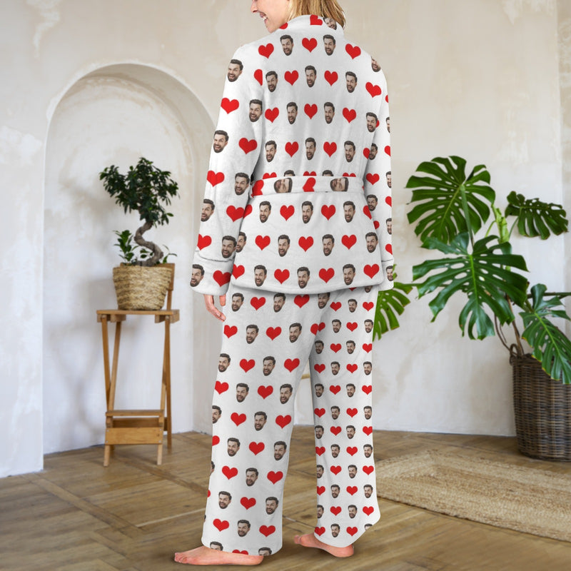 Custom Face Red Heart White Cotton Material&Plush Material Women's Tie Waist Pocket Long Pajama Sets&Slippers