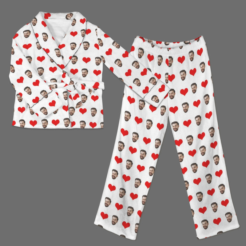 Custom Face Red Heart White Cotton Material&Plush Material Women's Tie Waist Pocket Long Pajama Sets&Slippers