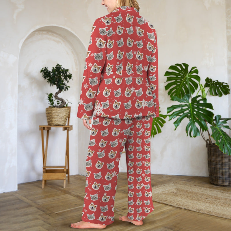 Custom Face Snowflake Red Cotton Material&Plush Material Women's Tie Waist Pocket Long Pajama Sets&Slippers