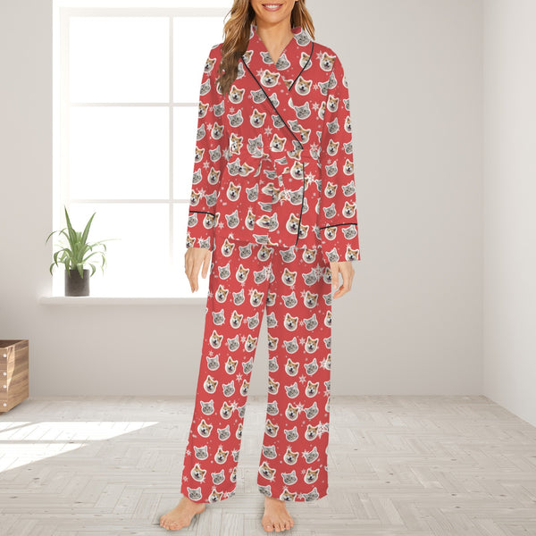 Custom Face Snowflake Red Cotton Material&Plush Material Women's Tie Waist Pocket Long Pajama Sets&Slippers