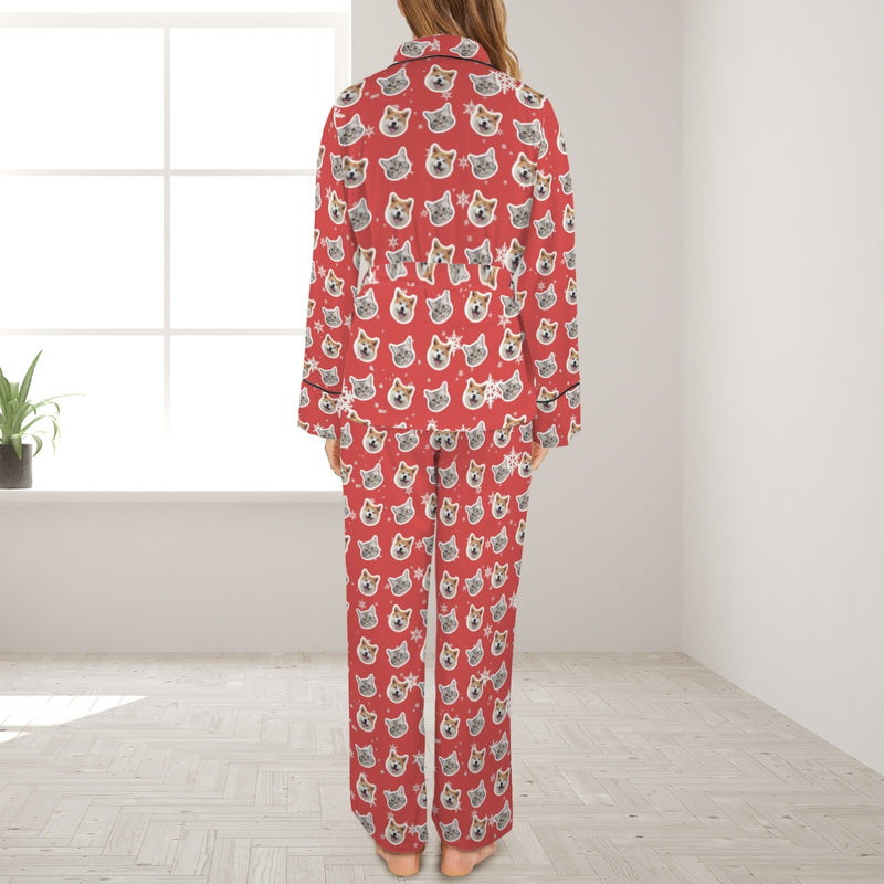 Custom Face Snowflake Red Cotton Material&Plush Material Women's Tie Waist Pocket Long Pajama Sets&Slippers