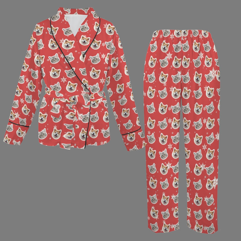 Custom Face Snowflake Red Cotton Material&Plush Material Women's Tie Waist Pocket Long Pajama Sets&Slippers