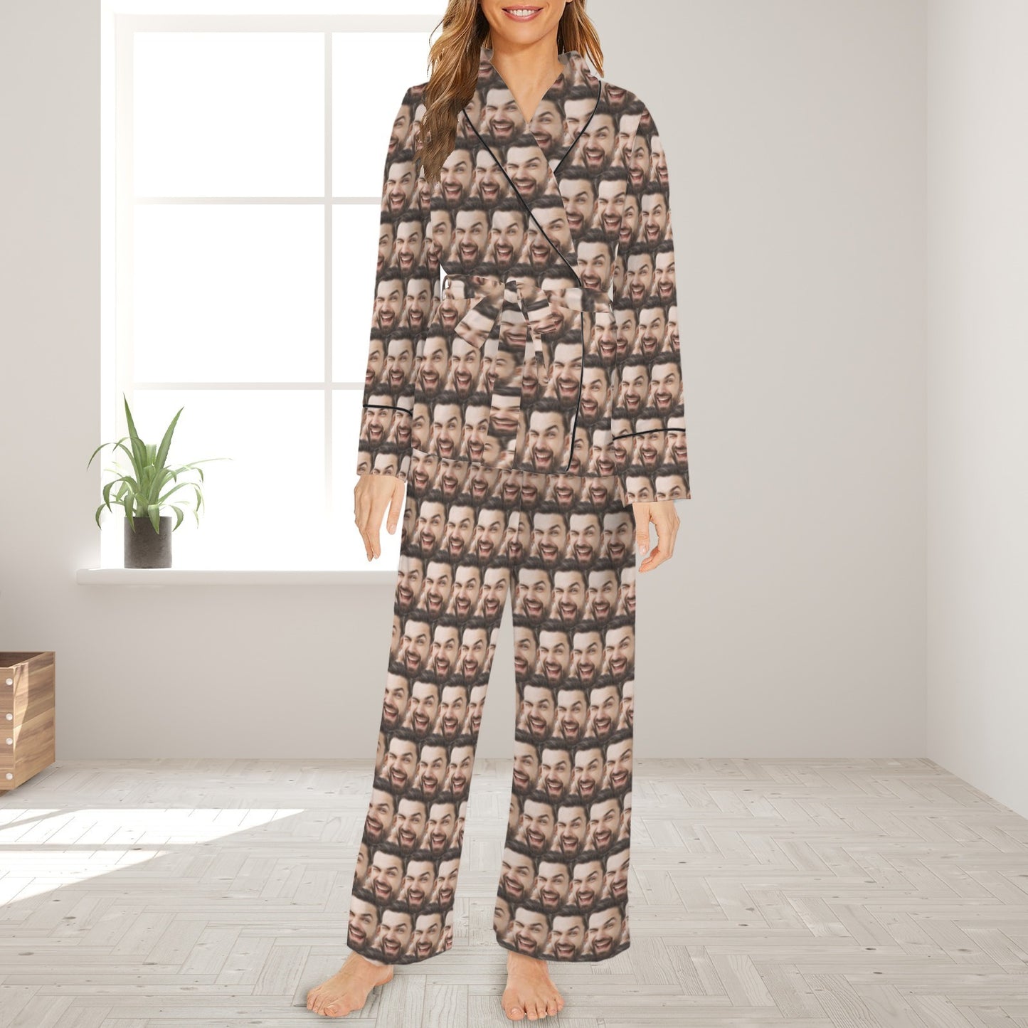 Custom Seamless Multi-Face Cotton Material&Plush Material Women's Tie Waist Pocket Long Pajama Sets&Slippers