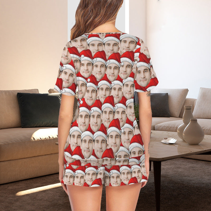 Custom Face Christmas Short Sleeve Pajama Sets Women's V-Neck Loungewear Set