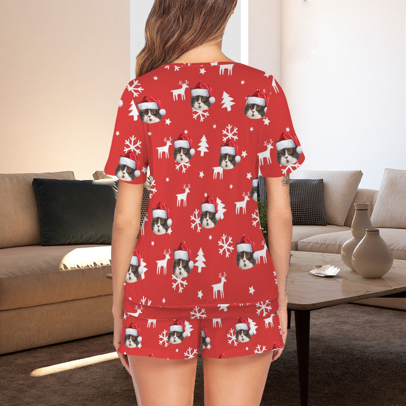 Custom Face Christmas Short Sleeve Pajama Sets Women's V-Neck Loungewear Set