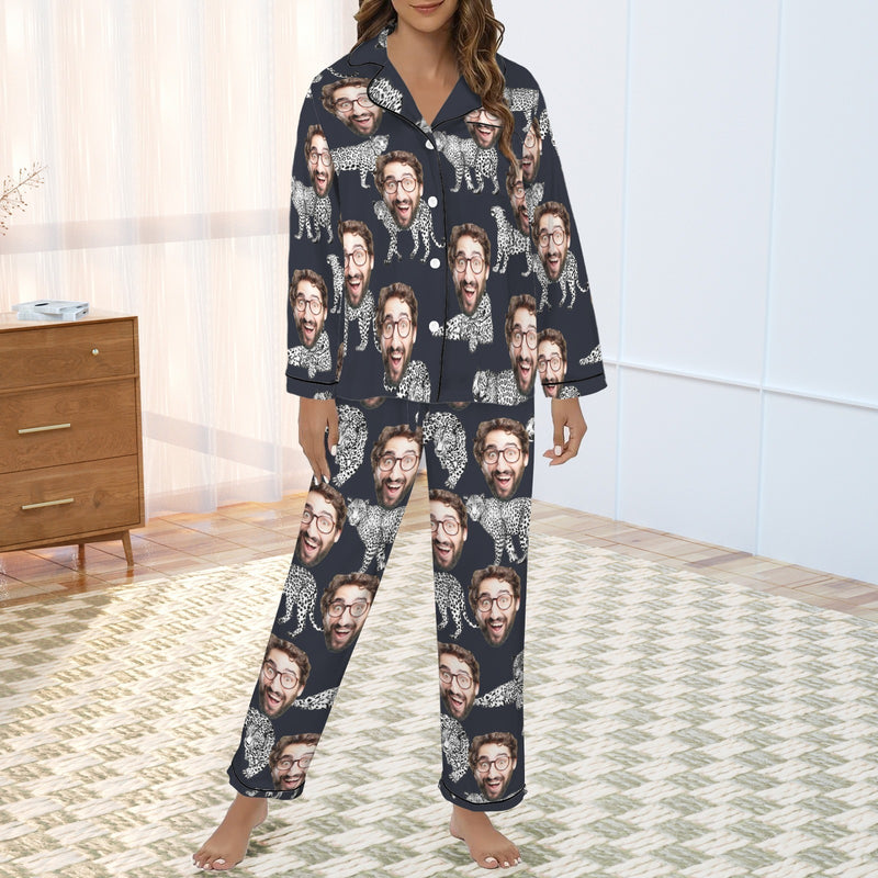 Custom Face Cotton&Satin Women's Pajama Set Personalized Face Tiger Dark Blue Long Sleeve Set