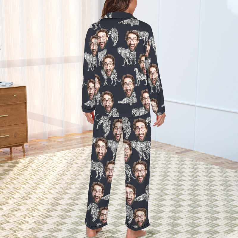 Custom Face Cotton&Satin Women's Pajama Set Personalized Face Tiger Dark Blue Long Sleeve Set