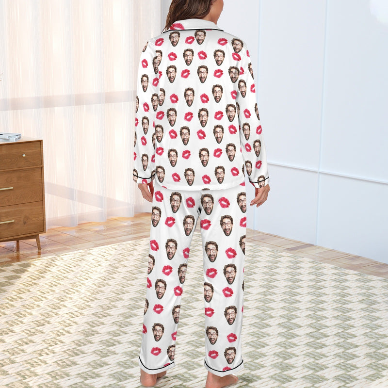 Custom Face Cotton&Satin Pajama Set Personalized Face Red Lips Long Sleeve Set