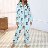 Custom Face Women's Cotton&Satin Long Sleeve Pajamas Personalized Solid Colors Sleepwear