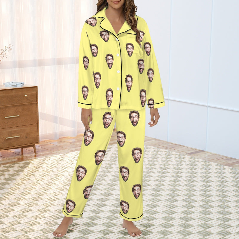 Custom Face Women's Cotton&Satin Long Sleeve Pajamas Personalized Solid Colors Sleepwear