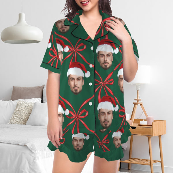 Custom Christmas Face Silk Satin Pajama Set Personalized Long Sleeve&Short Sleeve Set For Women