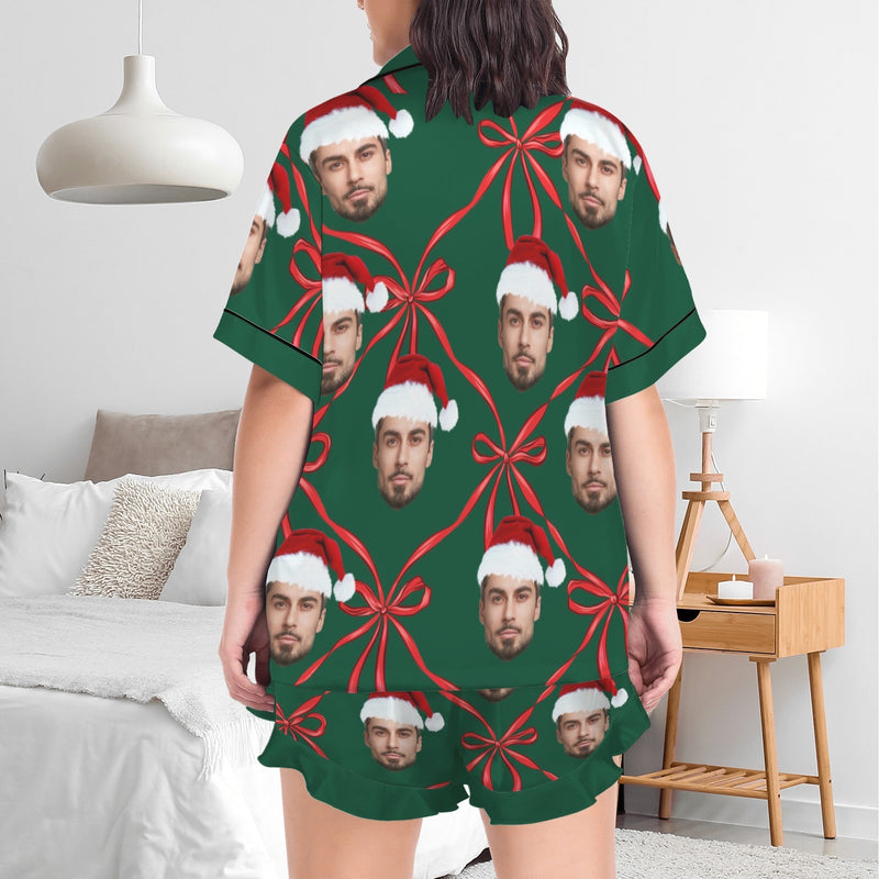 Custom Christmas Face Silk Satin Pajama Set Personalized Long Sleeve&Short Sleeve Set For Women