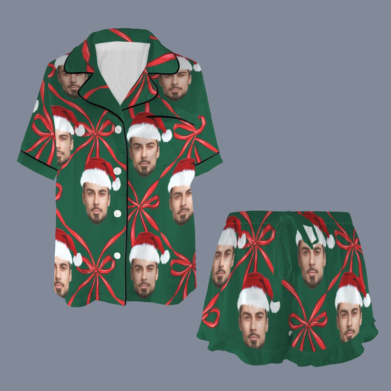 Custom Christmas Face Silk Satin Pajama Set Personalized Long Sleeve&Short Sleeve Set For Women