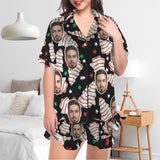 Custom Christmas Face Silk Satin Pajama Set Personalized Black Long Sleeve&Short Sleeve Set For Women