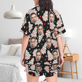 Custom Christmas Face Silk Satin Pajama Set Personalized Black Long Sleeve&Short Sleeve Set For Women