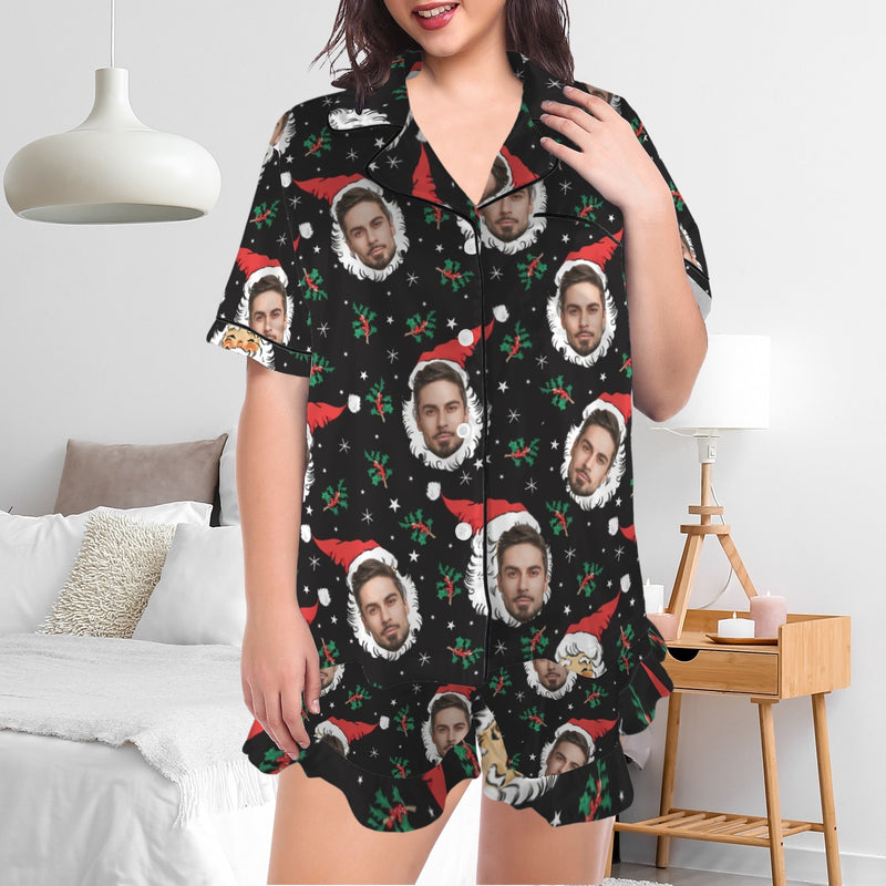 Custom Christmas Face Silk Satin Pajama Set Personalized Black Christmas Hat Long Sleeve&Short Sleeve Set For Women