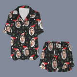 Custom Christmas Face Silk Satin Pajama Set Personalized Black Christmas Hat Long Sleeve&Short Sleeve Set For Women