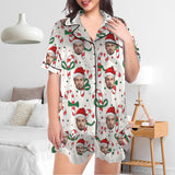 Custom Christmas Face Silk Satin Pajama Set Personalized White Christmas Hat Long Sleeve&Short Sleeve Set For Women