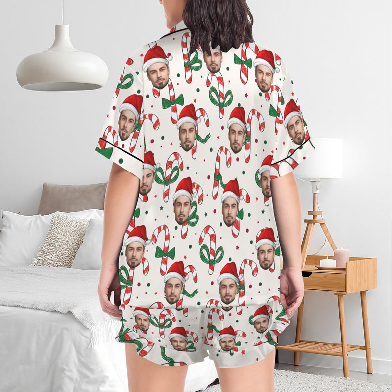 Custom Christmas Face Silk Satin Pajama Set Personalized White Christmas Hat Long Sleeve&Short Sleeve Set For Women