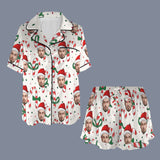 Custom Christmas Face Silk Satin Pajama Set Personalized White Christmas Hat Long Sleeve&Short Sleeve Set For Women