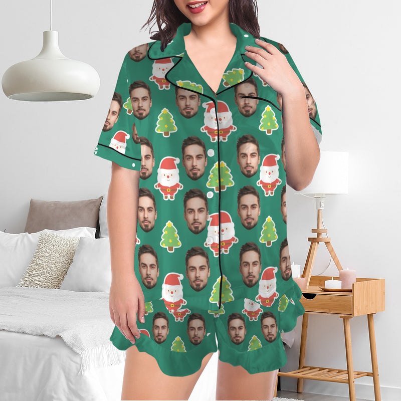 Custom Christmas Face Silk Satin Pajama Set Personalized Green Christmas Tree Long Sleeve&Short Sleeve Set For Women