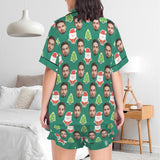 Custom Christmas Face Silk Satin Pajama Set Personalized Green Christmas Tree Long Sleeve&Short Sleeve Set For Women