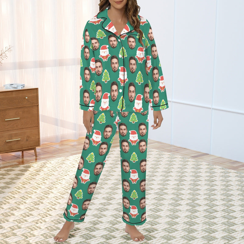 Custom Christmas Face Silk Satin Pajama Set Personalized Green Christmas Tree Long Sleeve&Short Sleeve Set For Women