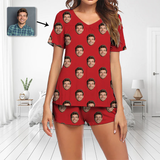 Custom Face Multi-Color Short Sleeve Pajama Sets Women's V-Neck Loungewear Sleepwear