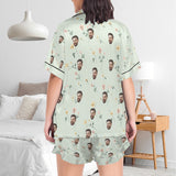 Personalized Women's Silk Short Sleeve Pajama Sets Custom Face Little Flowers Lignt Green Satin Pajamas Nightwear