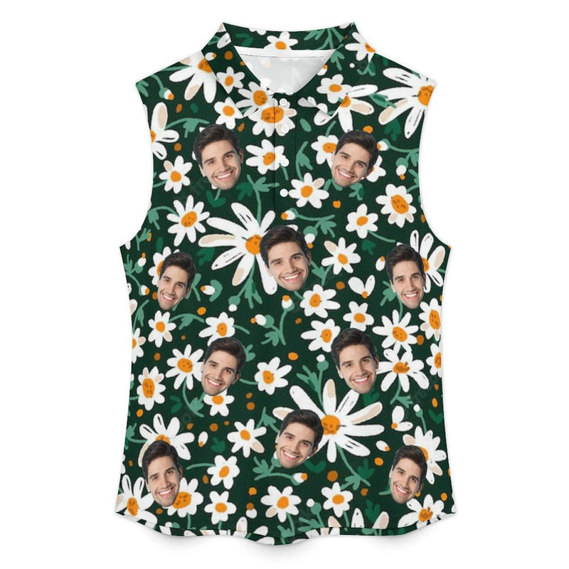 Custom Face Polo Sleeveless Tank Tops Personalized Daisy Flowers Green Tank Top