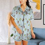 Personalized Women's Silk Short Sleeve Pajama Sets Custom Face Little Flowers Lignt Blue Satin Pajamas Nightwear