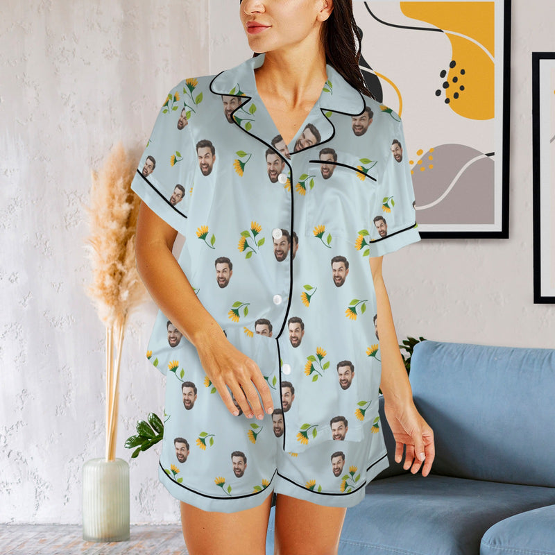 Personalized Women's Silk Short Sleeve Pajama Sets Custom Face Little Flowers Lignt Blue Satin Pajamas Nightwear