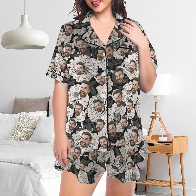 Personalized Women's Silk Short Sleeve Pajama Sets Custom Face Retro Black&White Flowers Satin Pajamas Nightwear