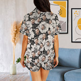 Personalized Women's Silk Short Sleeve Pajama Sets Custom Face Retro Black&White Flowers Satin Pajamas Nightwear