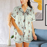 Personalized Women's Silk Short Sleeve Pajama Sets Custom Face Little Flowers Lignt Green Satin Pajamas Nightwear