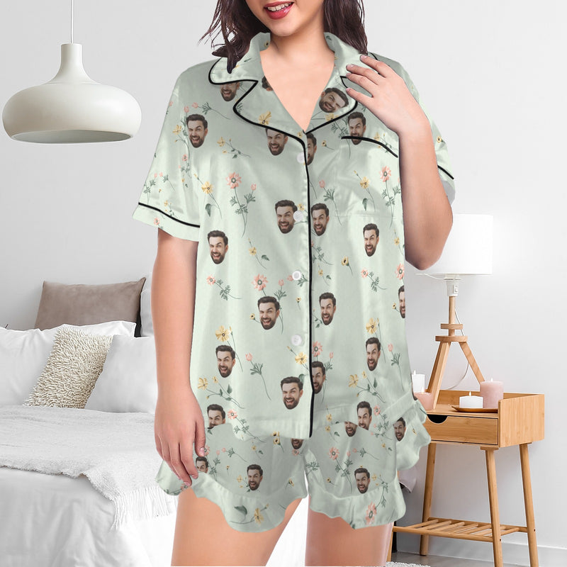 Personalized Women's Silk Short Sleeve Pajama Sets Custom Face Little Flowers Lignt Green Satin Pajamas Nightwear