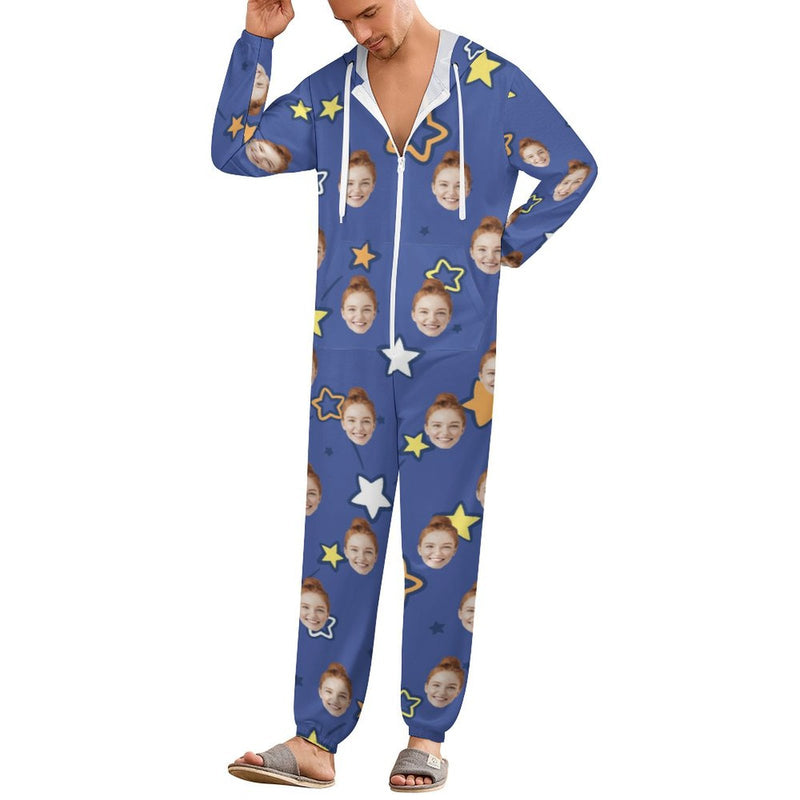 Custom Face Couple Onesie Jumpsuit Personalized Blue Unisex One Piece Pajama Loungewear