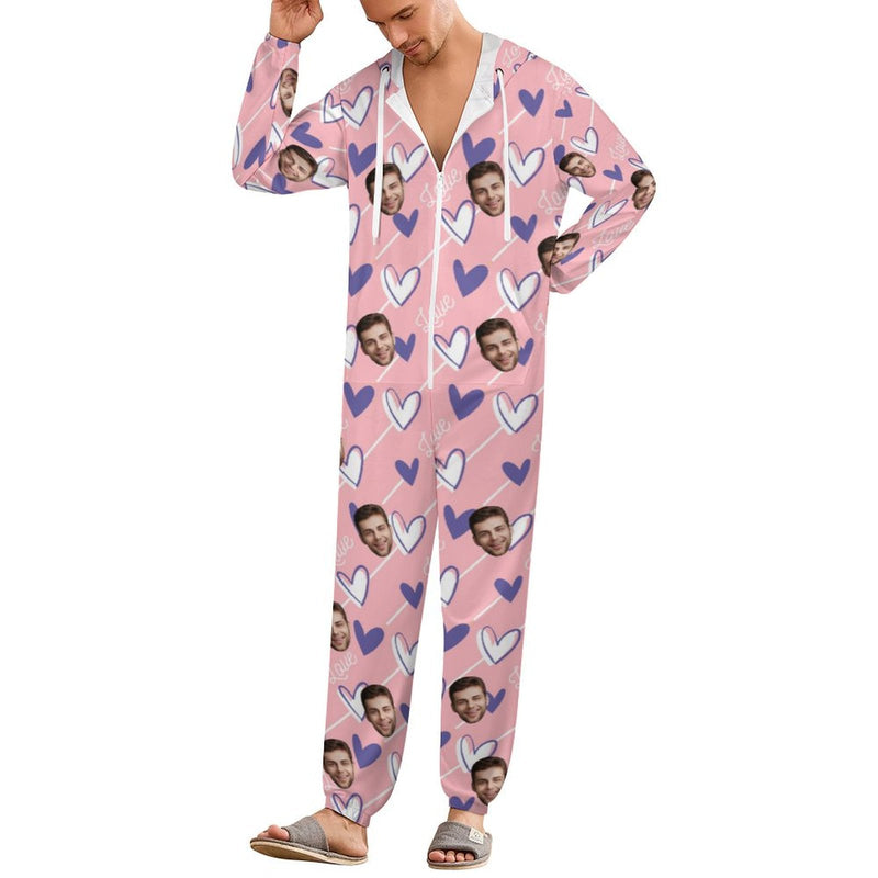 Custom Face Couple Onesie Jumpsuit Personalized Pink&White Unisex One Piece Pajama Loungewear