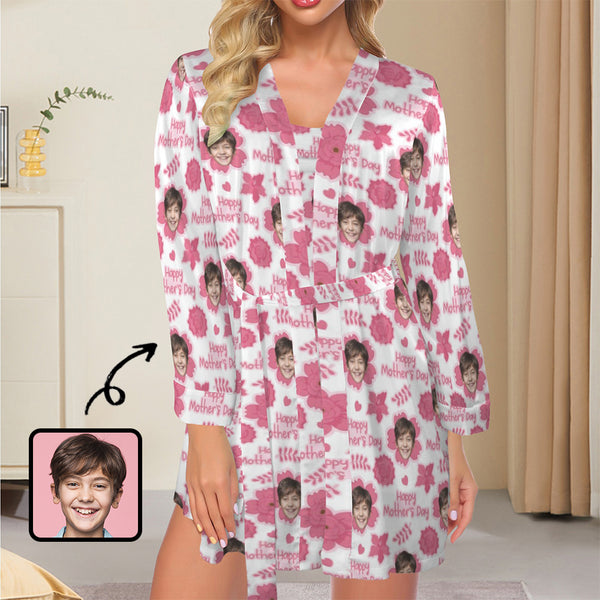 Custom Face&Happy Mother's Day Robe Cami Set Personalized Face Rose Red Flowers Women's Pajama Robe&Camisole Sleep Dress