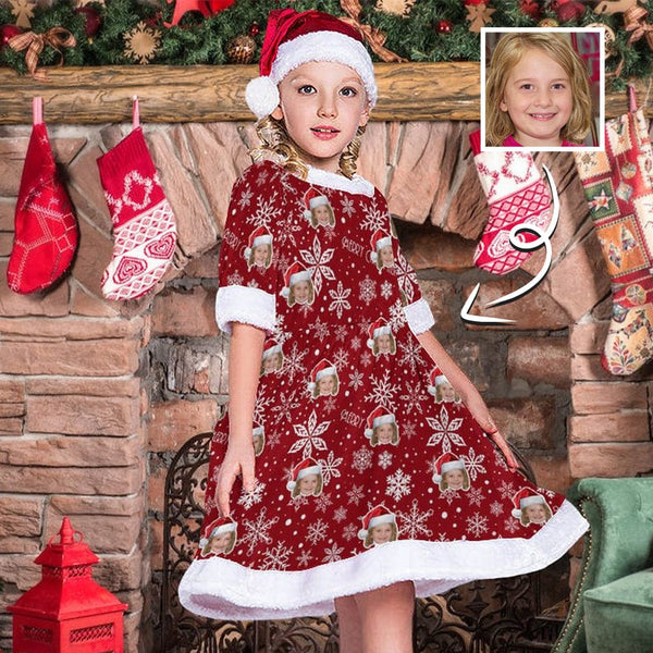 Custom Face Snowflake Red Personalized Christmas Dress Pajama For Girl