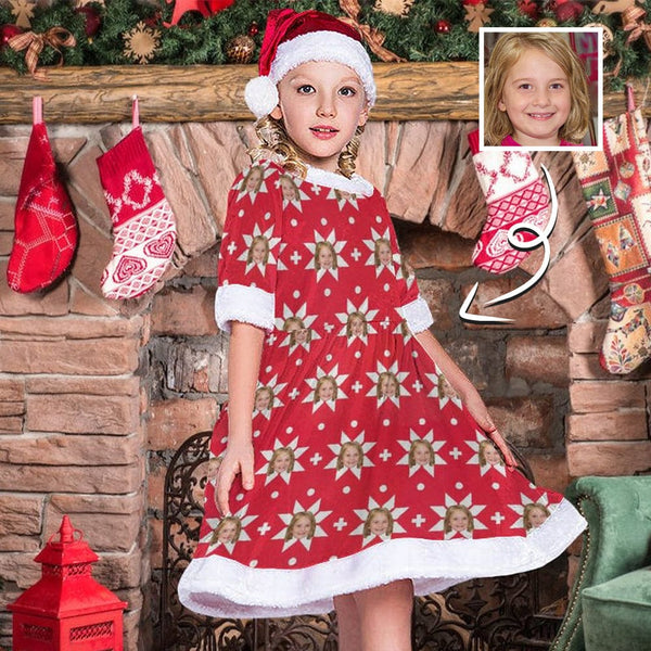 Custom Face Snowflake Red Background Christmas Dress Pajamas For Girls