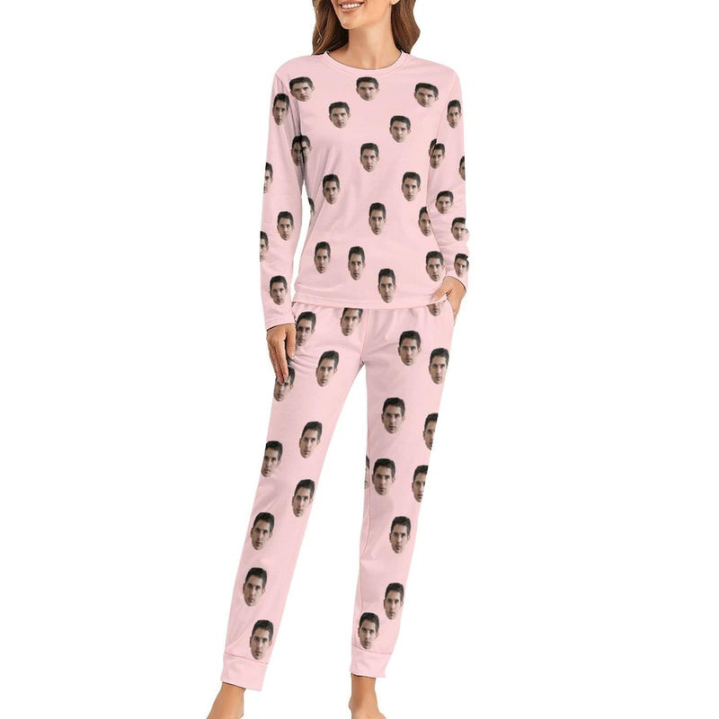 Custom Boyfriend Face Simple Sleepwear Personalized Women's Slumber Party Crewneck Long Pajamas Set - YesCustom