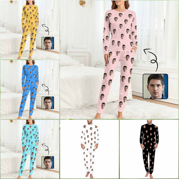 Custom Boyfriend Face Simple Sleepwear Personalized Women's Slumber Party Crewneck Long Pajamas Set - YesCustom