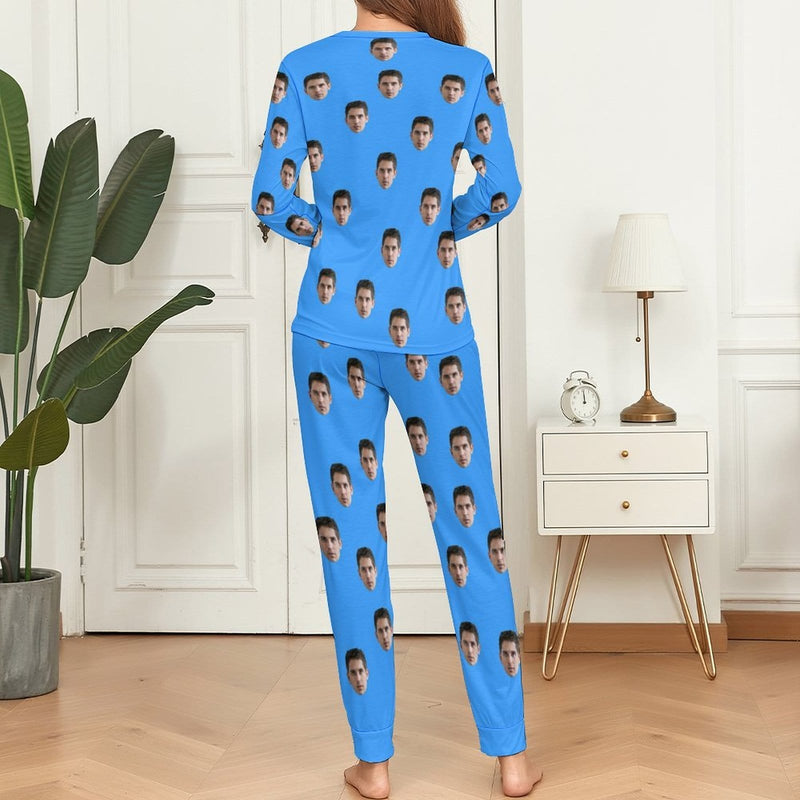 Custom Boyfriend Face Simple Sleepwear Personalized Women's Slumber Party Crewneck Long Pajamas Set - YesCustom