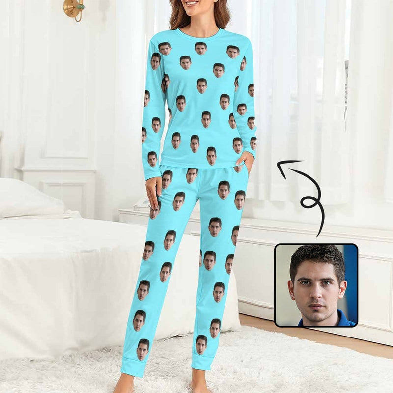 Custom Boyfriend Face Simple Sleepwear Personalized Women's Slumber Party Crewneck Long Pajamas Set - YesCustom