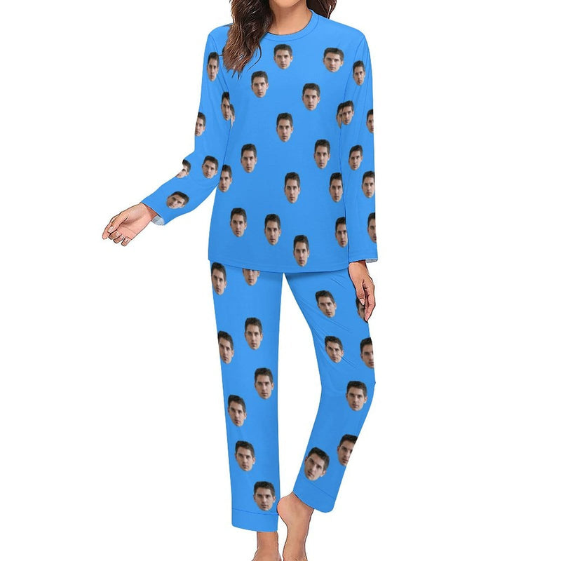 Custom Boyfriend Face Simple Sleepwear Personalized Women's Slumber Party Crewneck Long Pajamas Set - YesCustom