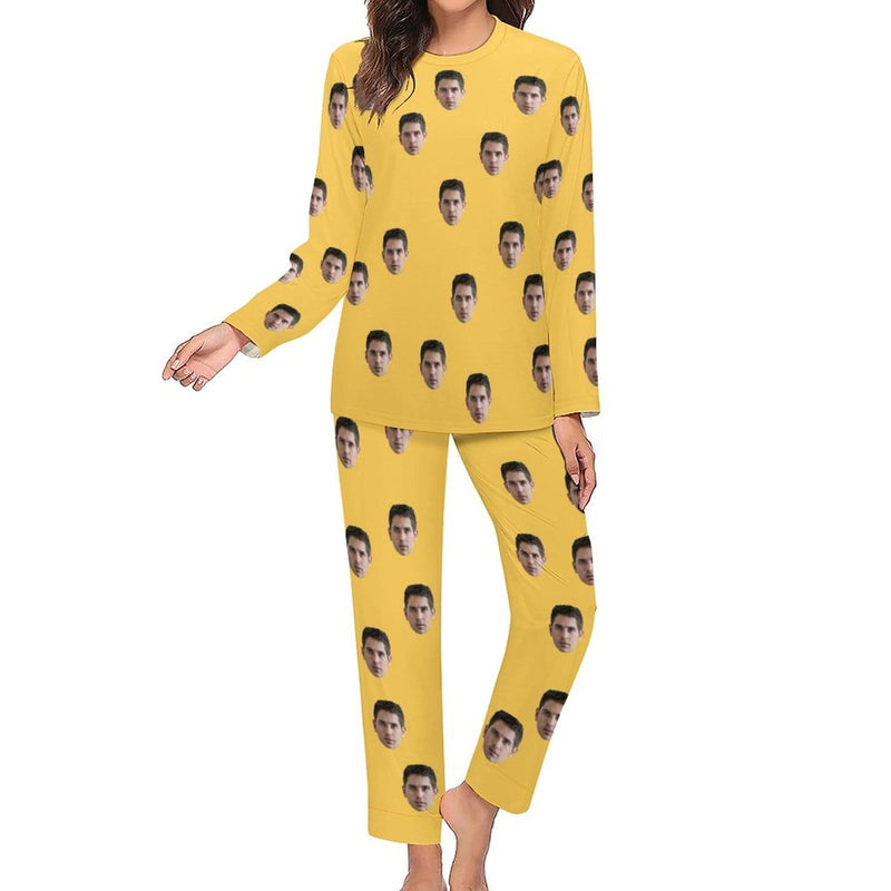 Custom Boyfriend Face Simple Sleepwear Personalized Women's Slumber Party Crewneck Long Pajamas Set - YesCustom